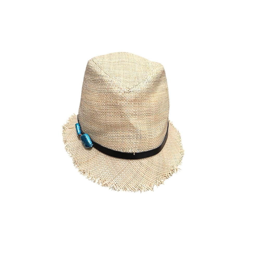 Scala Pronto Women's Natural Woven Straw Fedora Black Band & Blue Stone Accents